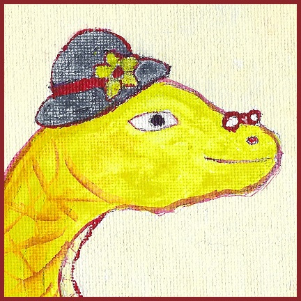 Painting of a yellow rat snake wearing glasses and a bonnet. 